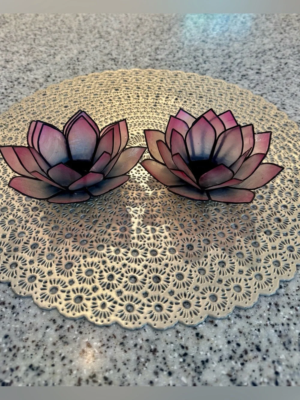 🪷Vintage Pink Capiz Shell Lotus Flower Tealight Candle Holders Set of 2